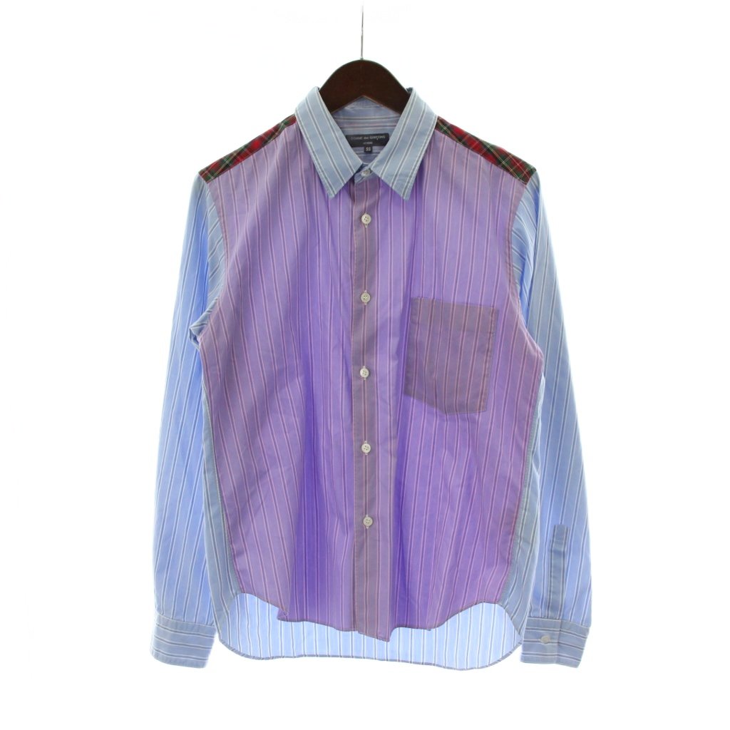 【中古】コムデギャルソンオム COMME des GARCONS HOMME AD2008 ストライプシャツ SS 青 ブルー マルチカラー クレイジーパターン 長袖 レギュラーカラー HB-B003 /PP ■GY44 メンズ 【ベクトル 古着】 260222