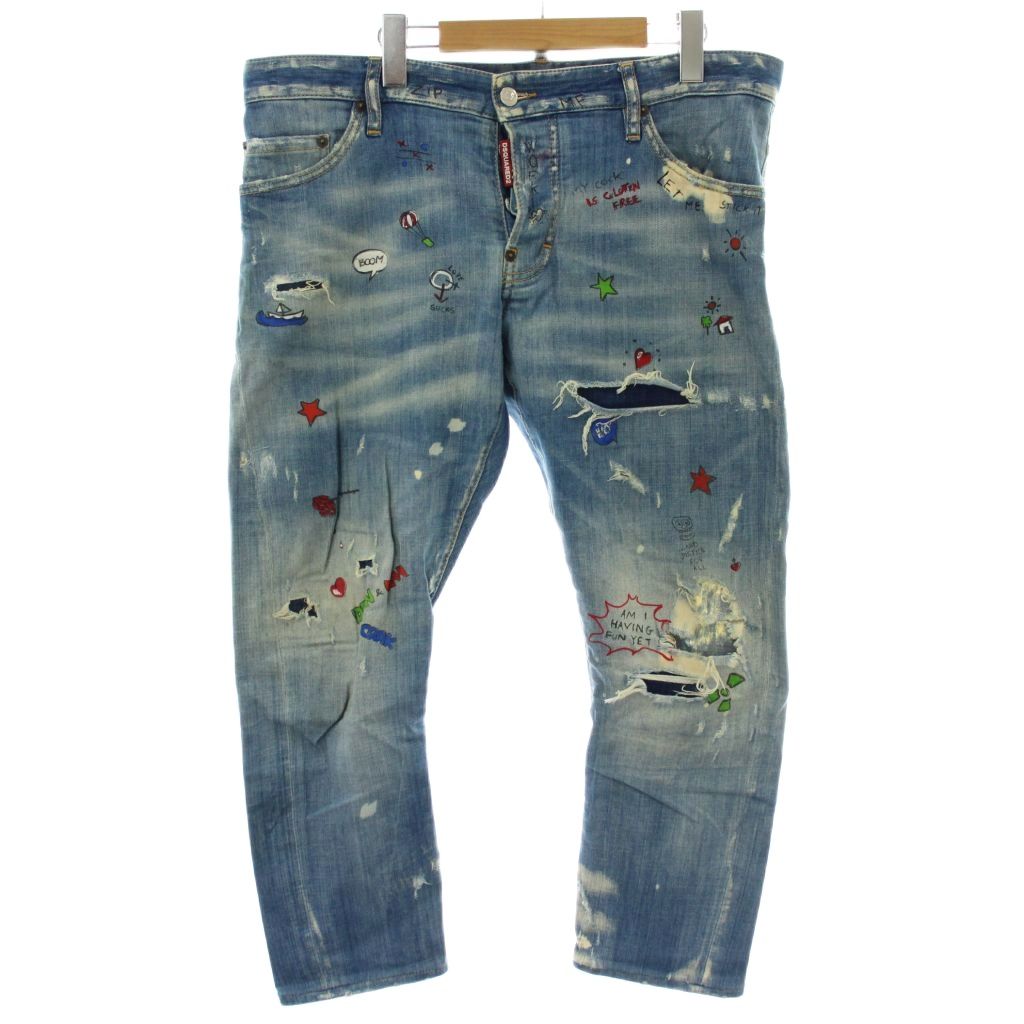 【中古】ディースクエアード DSQUARED2 18SS セクシーツイストジーンズ Sexy Twist Jean デニムパンツ ジーンズ スキニー ウォッシュ加工 ダメージ加工 総柄 プリント 50 青 ブルー S74LB0317 S30342 /XZ ■GY68 メンズ 【ベクトル 古着】 260226