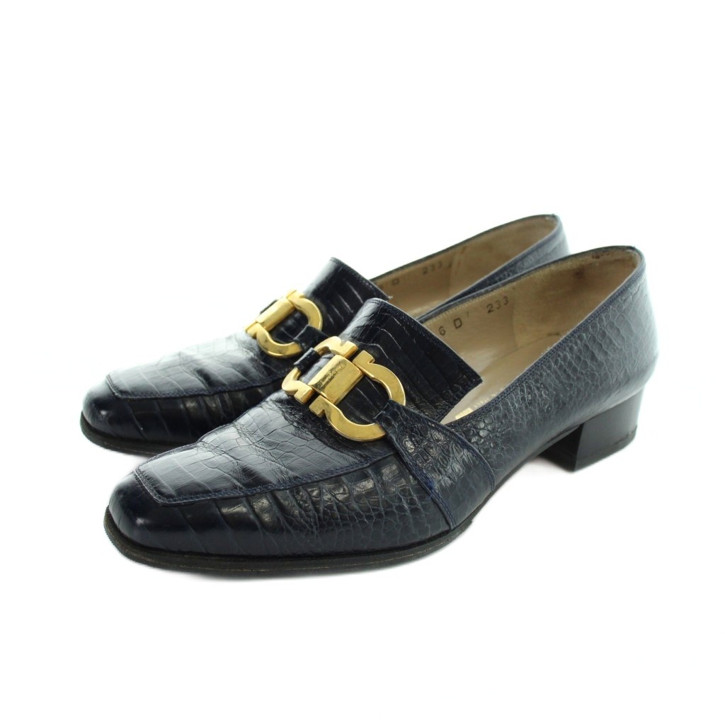 【中古】サルヴァトーレフェラガモ Salvatore Ferragamo ローファー モカシン 型押しクロコ ガンチーニ スクエアトゥ ロゴ 6 紺 ネイビー ■GY18 /MQ レディース 【ベクトル 古着】 260307