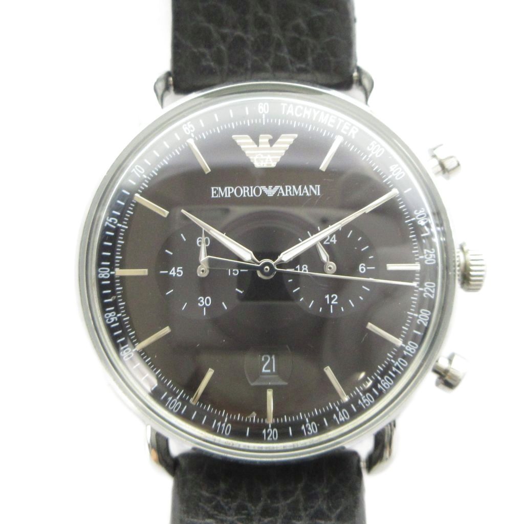 【中古】エンポリオアルマーニ EMPORIO ARMANI AR-11143 AVIATOR アビエイター ウオッチ 石英 御覧になる 黒文字盤 なめし革三尺帯 クロノグラフ 暦付き添い人 しろがね色色 ■GY18 /MQ メンズ 【ベクター 古着】 260424