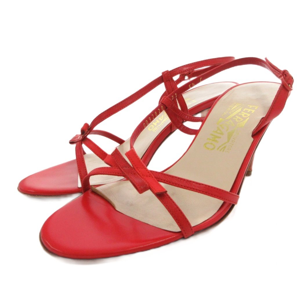 【中古】サルヴァトーレフェラガモ Salvatore Ferragamo サンダル ストラップ レザー リボン ヒール 5.5 赤 レッド /FF ■GY11 レディース 【ベクトル 古着】 260325