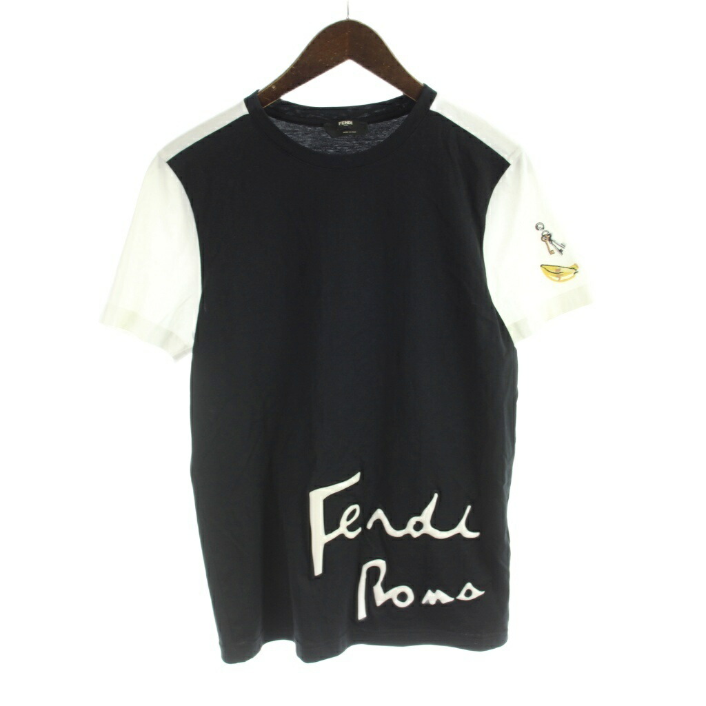【中古】フェンディ FENDI ティーシャツ カットソー 半袖 ロゴタイプ 立体 バイ色合い 44 黒 黒いこと 白 白いこと /MW ■GY18 メンズ 【ベクター 古着】 260318