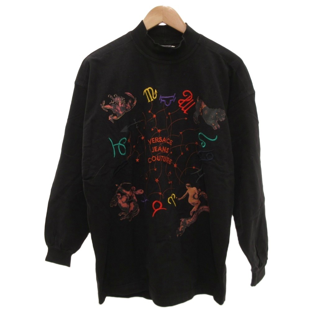 【中古】ヴェルサーチジーンズ VERSACE JEANS COUTURE ロンT Tシャツ モックネック ロゴ刺繍 星座 M 黒 ブラック /JS ■GY18 メンズ 【ベクトル 古着】 260319