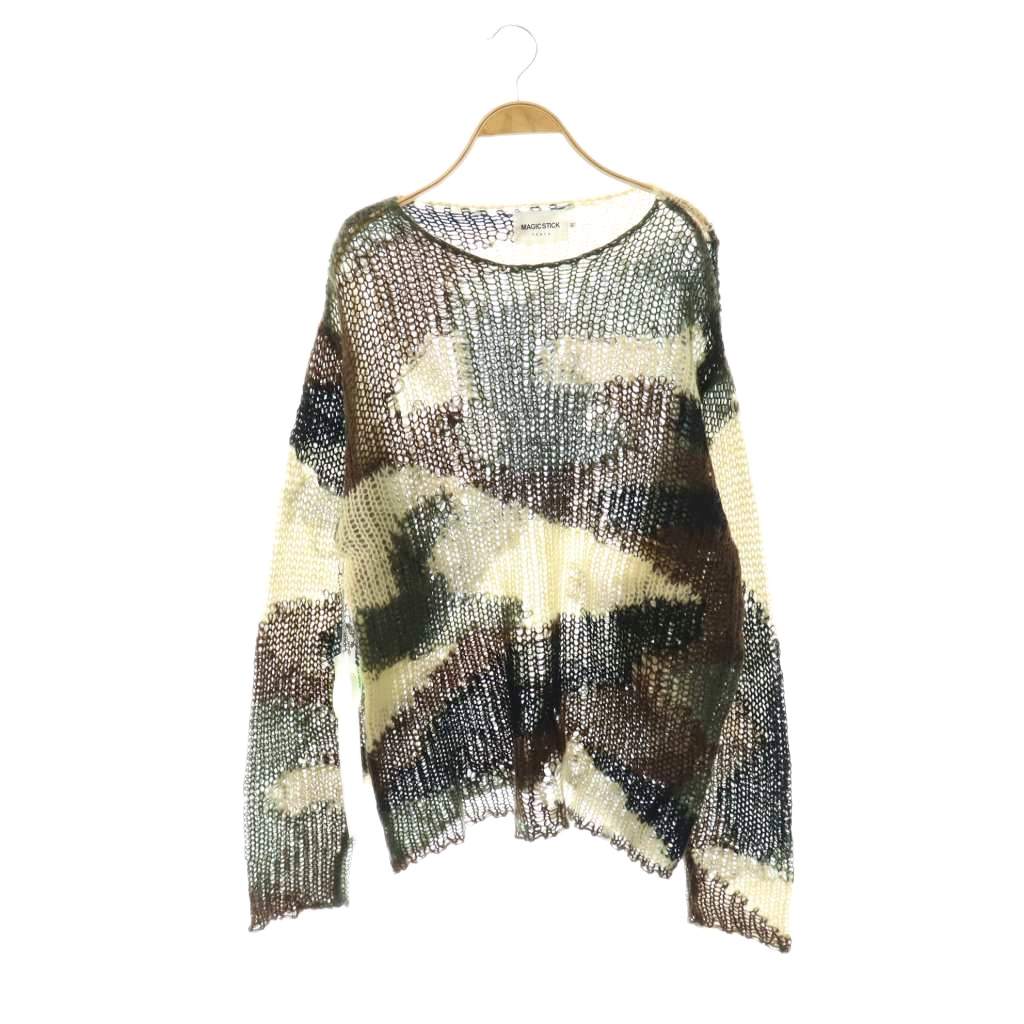【中古】未使用品 マジックスティック MAGIC STICK MOHAIR CAMO CREW KNIT WOOD ニット セーター プルオーバー 透かし編み カモフラ柄 M カーキ マルチカラー 25FW-MS10-031 /CX ■GY72 メンズ レディース 【ベクトル 古着】 260331