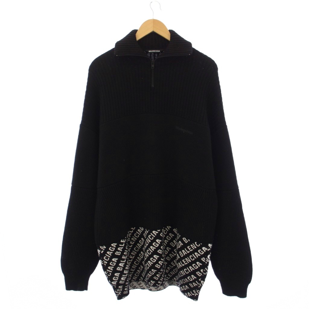 【中古】バレンシアガ BALENCIAGA 20AW ロゴ総柄切替 ハーフジップ ニット セーター ウール S 黒 ブラック 長袖 641734 T1587 /YM ■GY6 メンズ 【ベクトル 古着】 260327