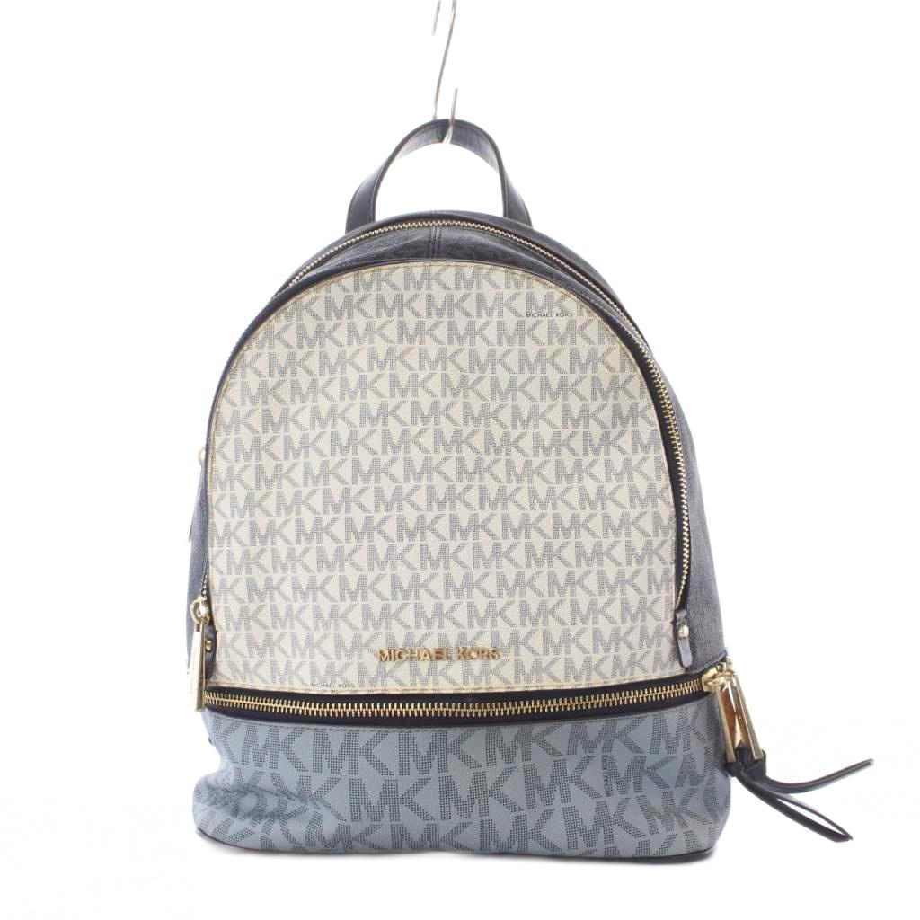 【中古】マイケル教科課程 MICHAEL KORS 後押し ジップ RHEA ZIP 背嚢 デイバッグ 水色 青 白 白いこと PVC ロゴタイプ 総柄 ■GY18 レディース 【ベクター 古着】 260413