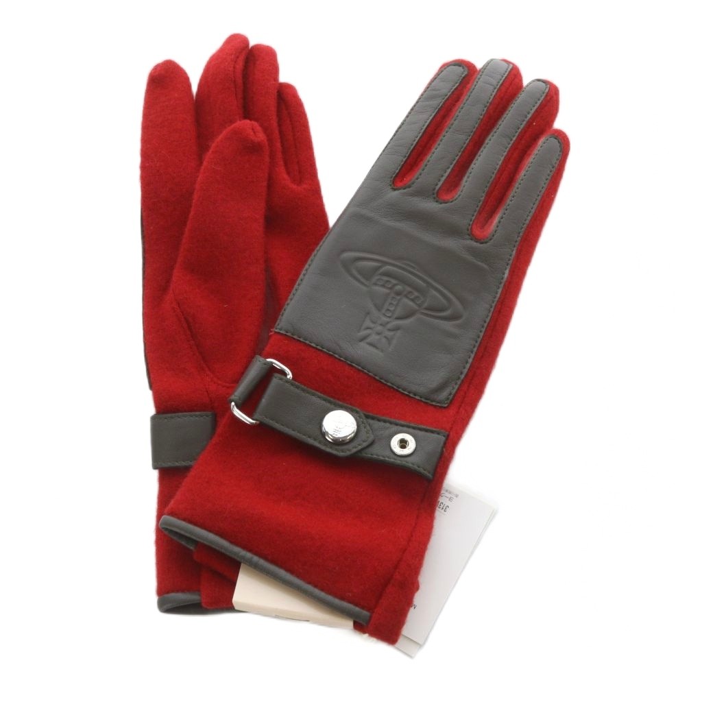 【中古】未使用品 ヴィヴィアンウエストウッド Vivienne Westwood 手袋 グローブ オーブ ウール レザー レッド ブラウン /YO18 ■GY18 レディース 【ベクトル 古着】 260331｜ブランド古着ベクトルプレミアム店
