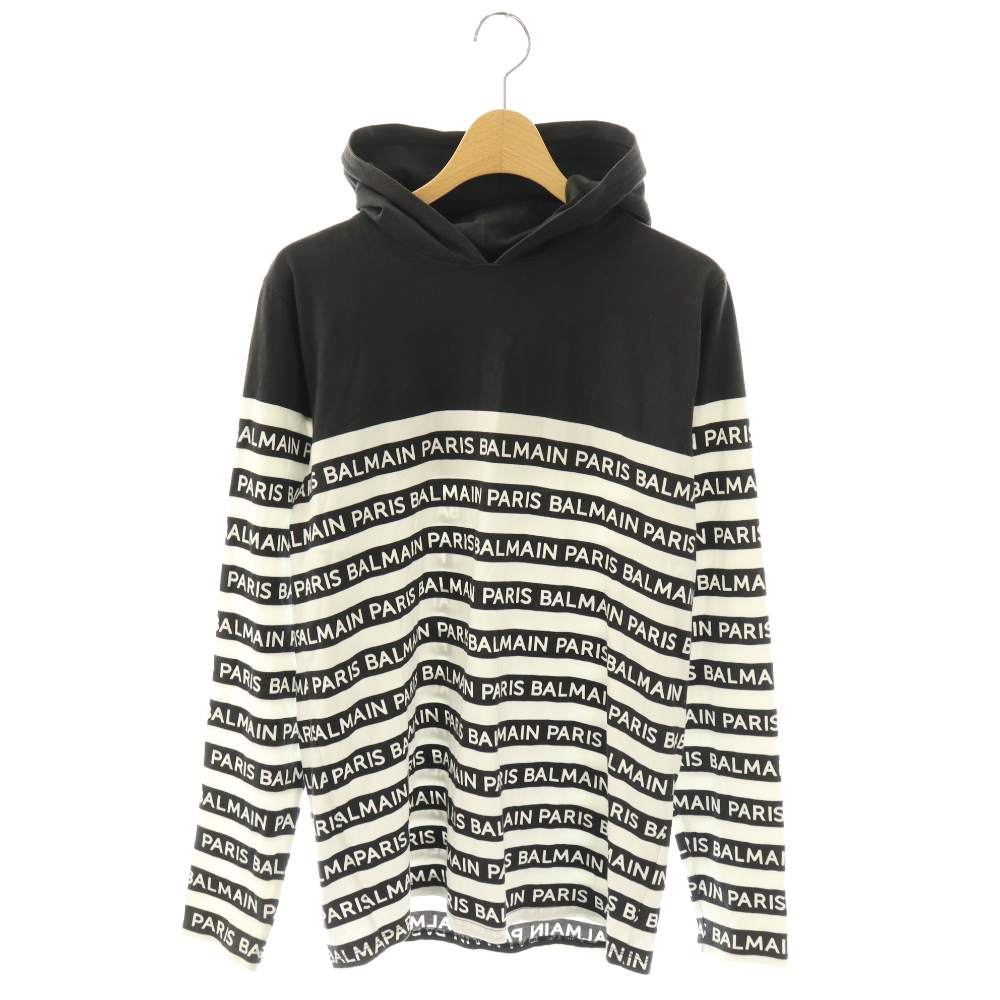 【中古】バルマン BALMAIN プルオーバーパーカー ロゴ ボーダー 長袖 黒 白 /NR ■GY18 レディース 【ベクトル 古着】 260406