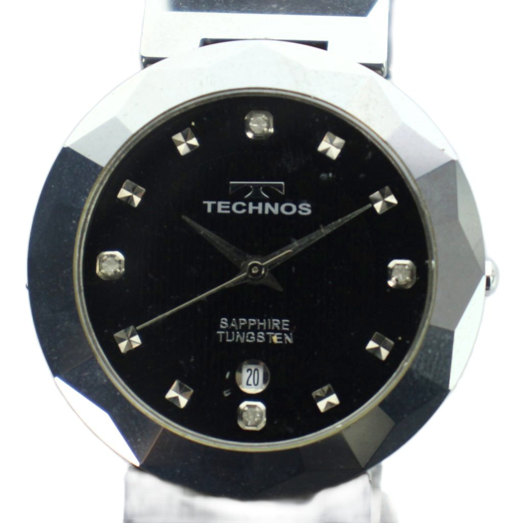 【中古】テクノス TECHNOS TEM536 腕時計 ウォッチ クォーツ 石付き カレンダー付き 黒文字盤 シルバー色 ■GY11 /MQ メンズ 【ベクトル 古着】 260331