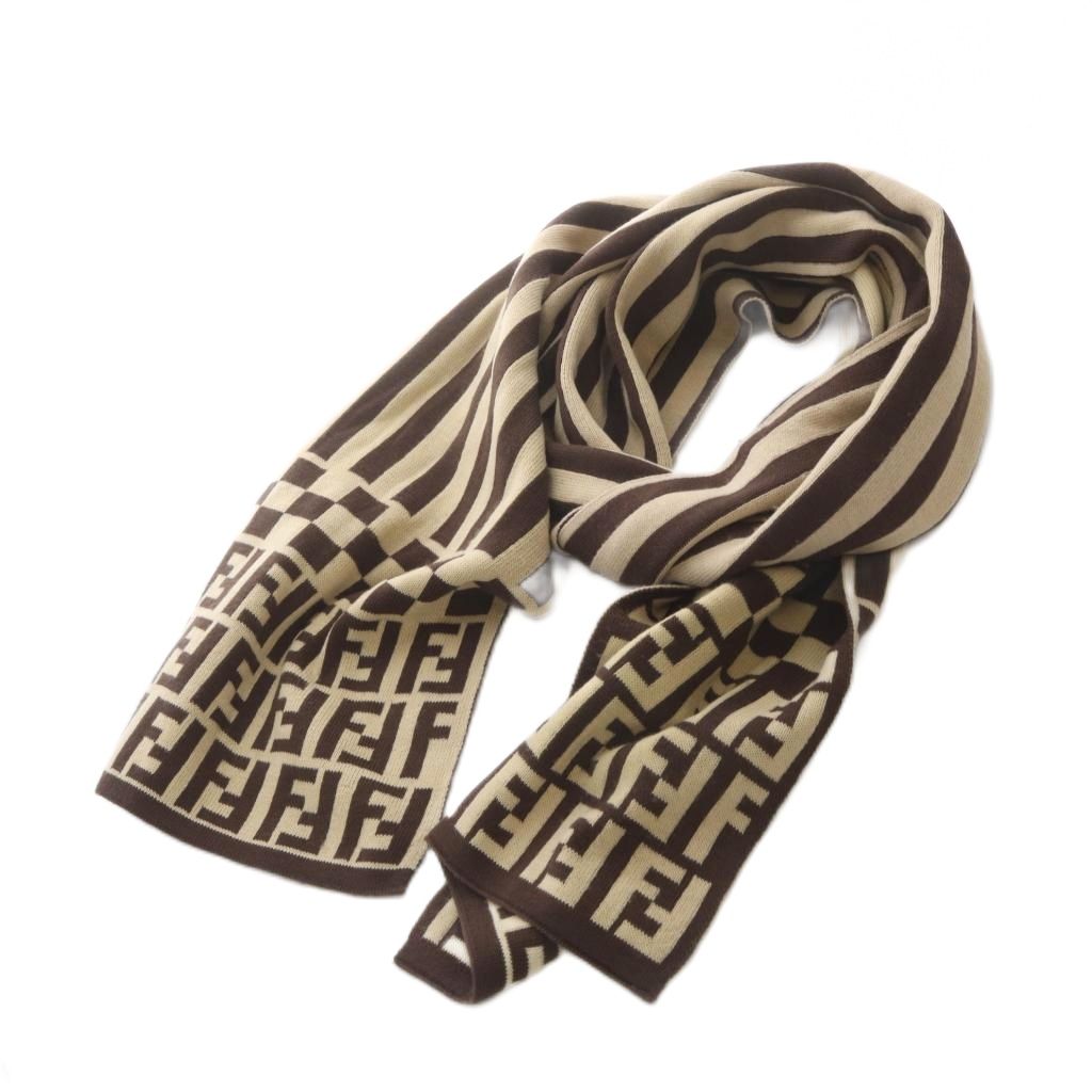 【中古】フェンディ FENDI マフラー ズッカ柄 ストライプ ロゴ ベージュ /YO28 ■GY18 ■OH メンズ レディース 【ベクトル 古着】 260402|ブランド古着ベクトルプレミアム店