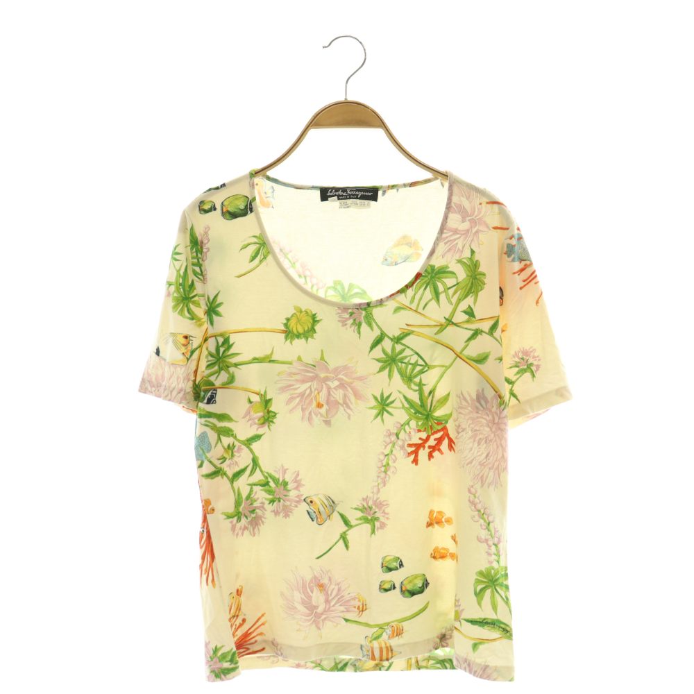 【中古】サルヴァトーレフェラガモ Salvatore Ferragamo Tシャツ 半袖 花柄 Uネック L アイボリー /MY ■OS ■GY17 レディース 【ベクトル 古着】 260330
