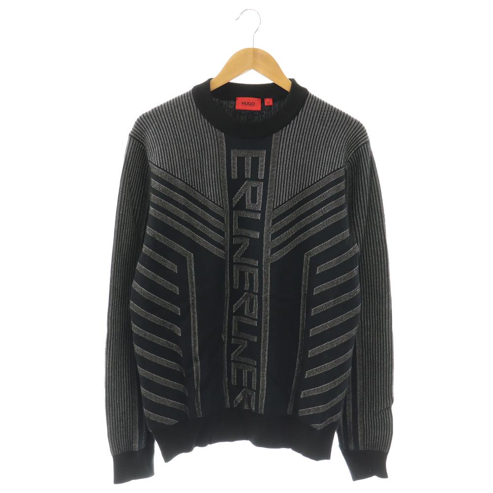 【中古】ヒューゴボス HUGO BOSS ニット セーター プルオーバー 総柄 L 黒 ブラック グレー /SS ■OS ■GY17 メンズ 【ベクトル 古着】 260330