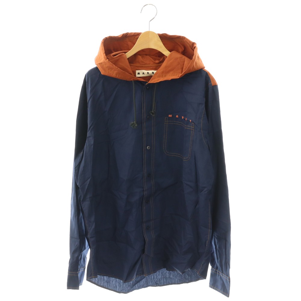 【中古】マルニ MARNI フードシャツ 長袖 バイカラー ロゴ プリント 切替 46 紺 ネイビー 茶 ブラウン /BB ■GY17 メンズ 【ベクトル 古着】 260331