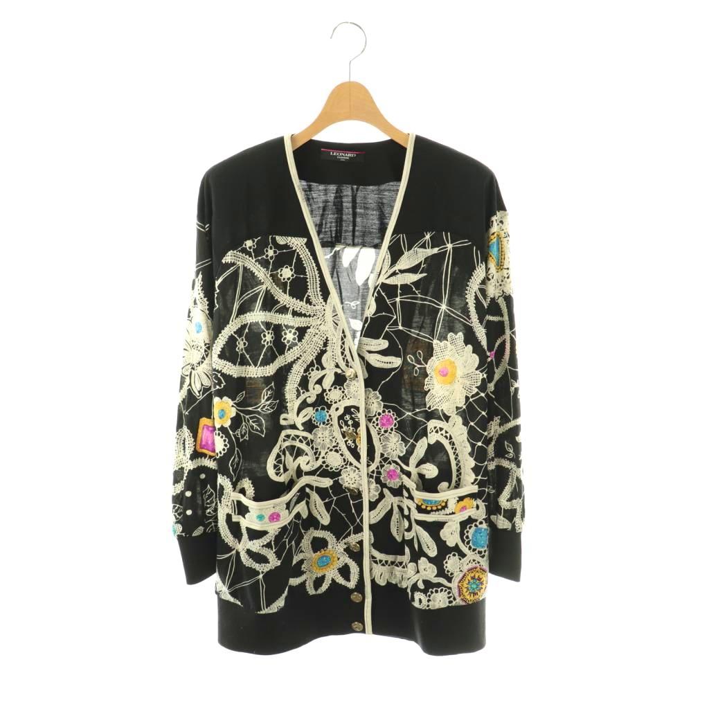 【中古】レオナール LEONARD カーディガン 長袖 柄 金ボタン シルク混 M ブラック マルチカラー /DO ■GY44 レディース 【ベクトル 古着】 260406