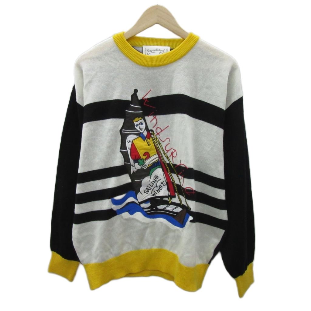 【中古】カステルバジャック CASTELBAJAC 編み物 ティーシャツ 黒 黒いこと 間借り人柄 刺? 労働者の一団のど首 長袖 /YS10 ■GY99 メンズ 【ベクター 古着】 260507