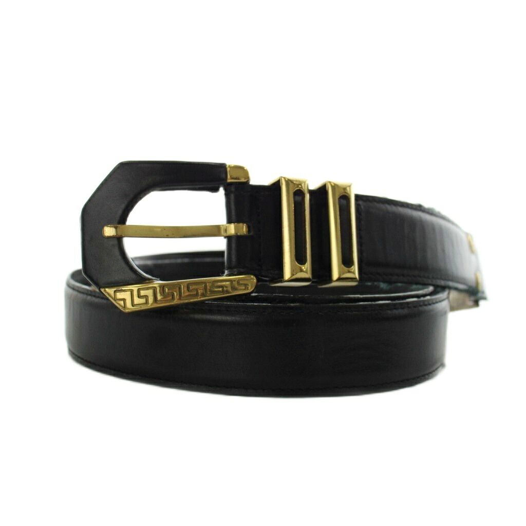【中古】ジャンニヴェルサーチ ヴェルサーチェ GIANNI VERSACE 胴締め メデューサ ロゴタイプ なめし革 黒 黒いこと /AN75 ■GY18 メンズ 【ベクター 古着】 260427 バッグ・小物・ブランド雑貨-メンズベルト