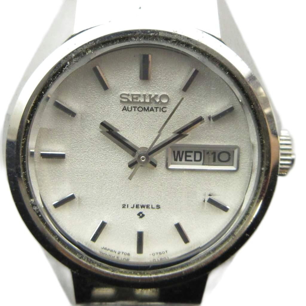 【中古】セイコー SEIKO AUTOMATIC オートマチック 2706-0250 腕時計 ヴィンテージ アンティーク ウォッチ 自動巻き 9面 カットガラス デイデイト カレンダー付き 21石 シルバー色 ■GY18 /MQ レディース 【ベクトル 古着】 260507｜ブランド古着ベクトルプレミアム店 7,848円