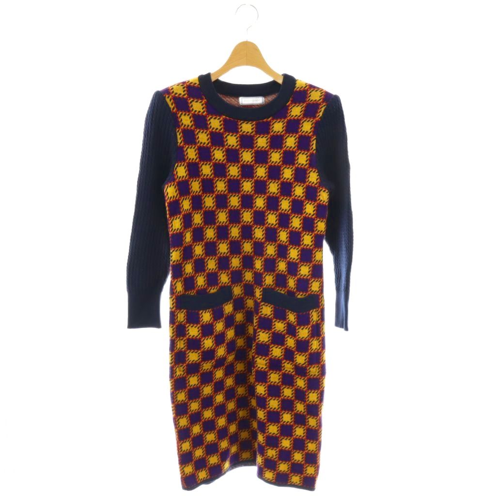 【中古】イヴサンローラン YVES SAINT LAURENT ヴィンテージ ニット ワンピース ひざ丈 ウール 長袖 総柄 M 紺 ネイビー マスタード マルチカラー /ES ■GY40 レディース 【ベクトル 古着】 260506｜ブランド古着ベクトルプレミアム店