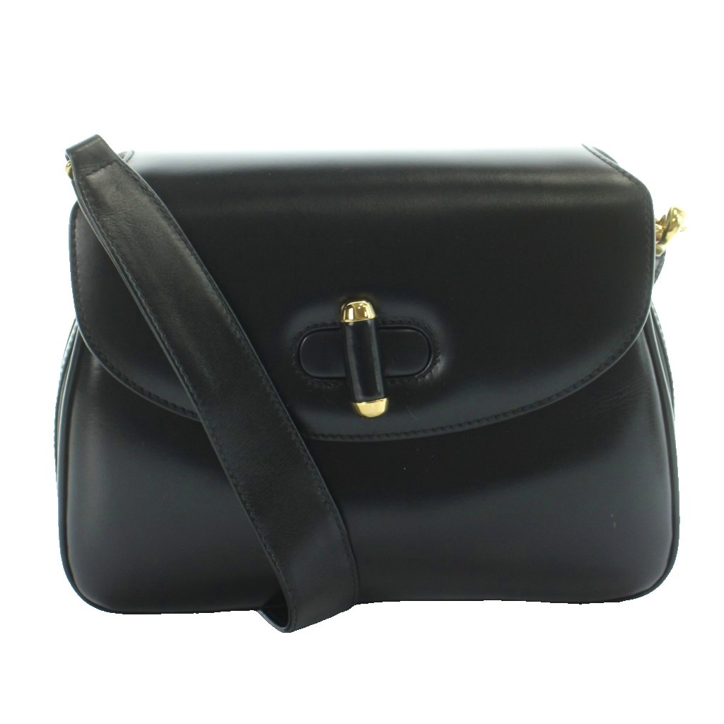 【中古】グッチ GUCCI 年寄りのグッチ 60\u0027s 70\u0027s ヴィンテージ ショルダーバッグ ボックスカーフ なめし革 折りかえし鍵を掛ける 黒 黒いこと /MW ■GY11 レディース 【ベクター 古着】 260424