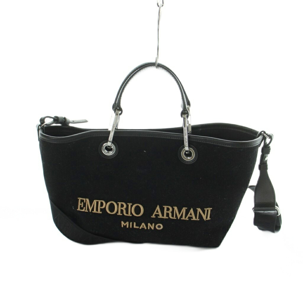 【中古】エンポリオアルマーニ EMPORIO ARMANI 御手々 ショルダーバッグ 2WAY トート 羊毛 なめし革 ロゴタイプ 黒 黒いこと ■GY18 /MQ レディース 【ベクター 古着】 260507