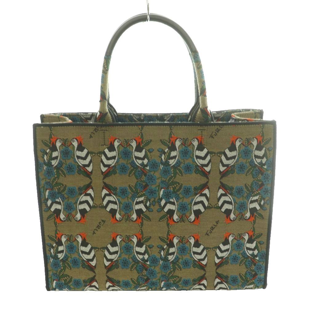 【中古】フルラ FURLA オポチュニティ トートバッグ Toni Greige ハンド 総柄 ジャガード レザー マルチカラー カーキ 白 ホワイト /SS ■OS ■GY18 レディース 【ベクトル 古着】 260506|ブランド古着ベクトルプレミアム店