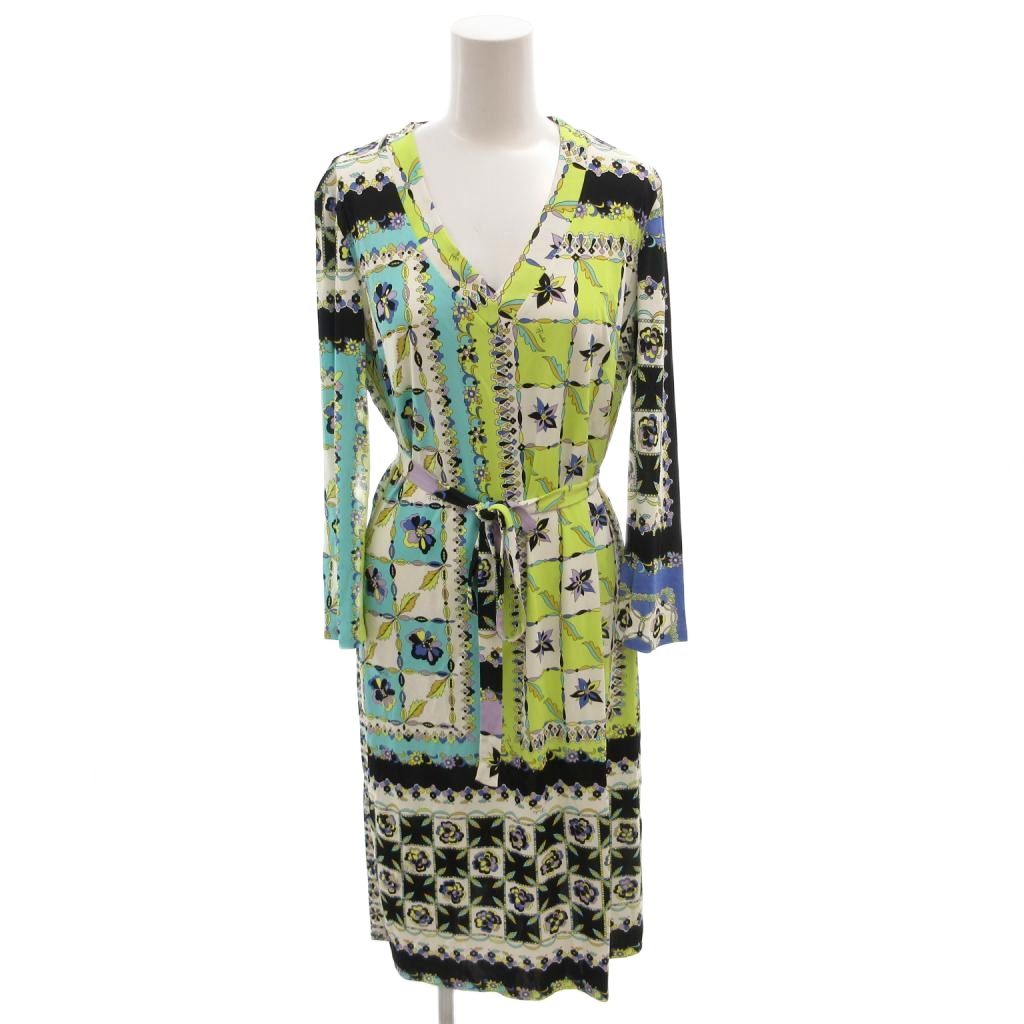 【中古】エミリオプッチ EMILIO PUCCI ワンピース ベルト Vネック ロング 花柄 長袖 総柄 42 マルチカラー /FF ■GY18 レディース 【ベクトル 古着】 260520|ブランド古着ベクトルプレミアム店