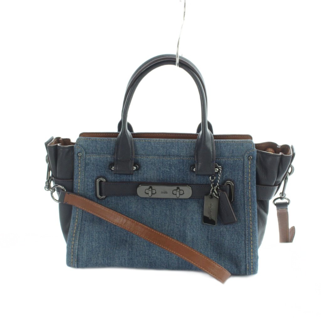 【中古】コーチ職 COACH 37772 ハンドバック 肩先 2WAY ジーンズ なめし革 青 青碧 黒 黒いこと ■GY18 /MQ レディース 【ベクター 古着】 260513