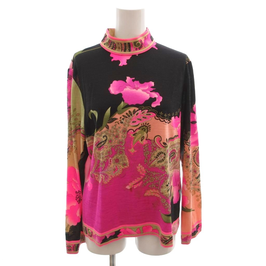 【中古】レオナール LEONARD カットソー ティーシャツ 長袖 花柄 絹地混 LL 黒 サクラ色 /FF ■GY18 レディース 【ベクター 古着】 260520