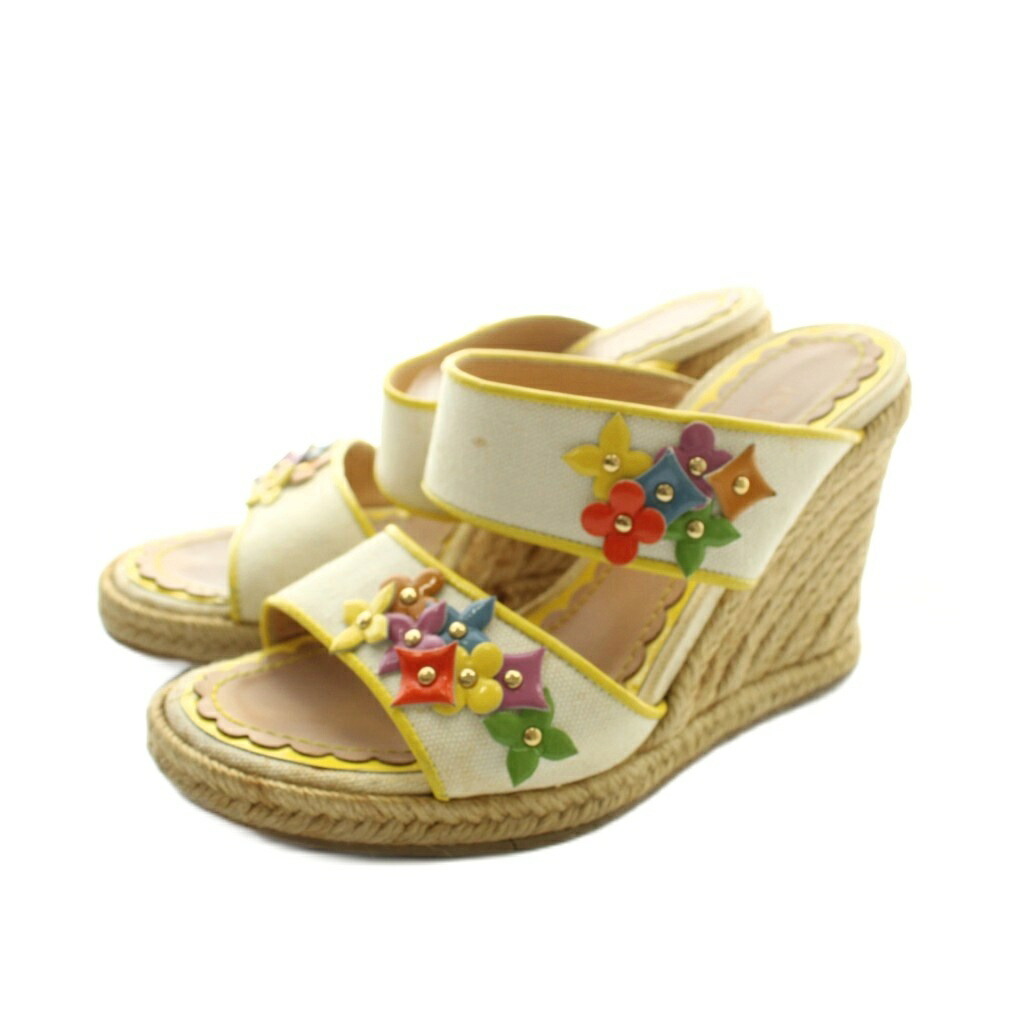 【中古】ルイヴィトン LOUIS VUITTON サンダル ミュール ウェッジソール ロゴタイプ なめし革 34 21.5珊 黄 黄色 ■GY11 /MQ ■OH レディース 【ベクター 古着】 260517