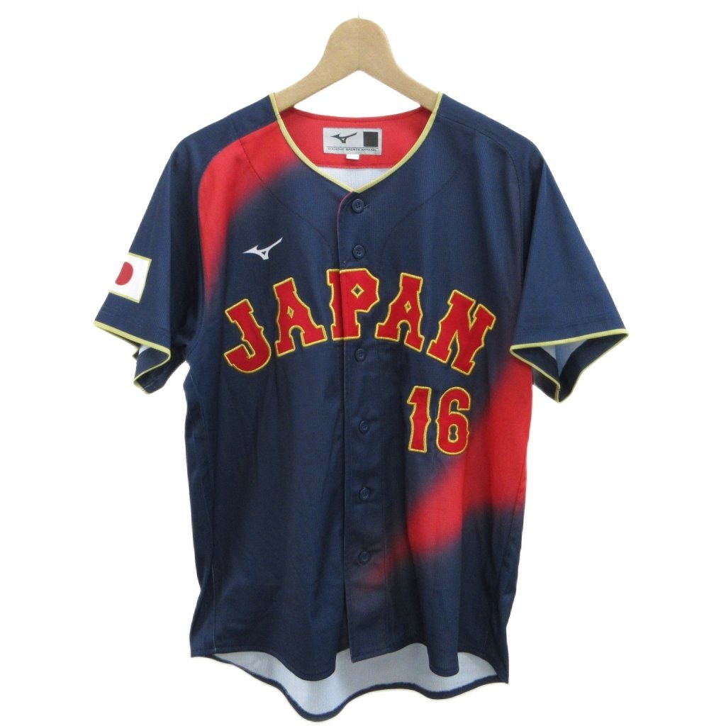 【中古】ミズノ MIZUNO レプリカユニフォーム 侍ジャパン ビジターモデル 背番号16 大谷翔平 半袖 ロゴ 刺繍 M 紺 ネイビー 赤 レッド /XZ ■GY18 メンズ 【ベクトル 古着】 260525｜ブランド古着ベクトルプレミアム店