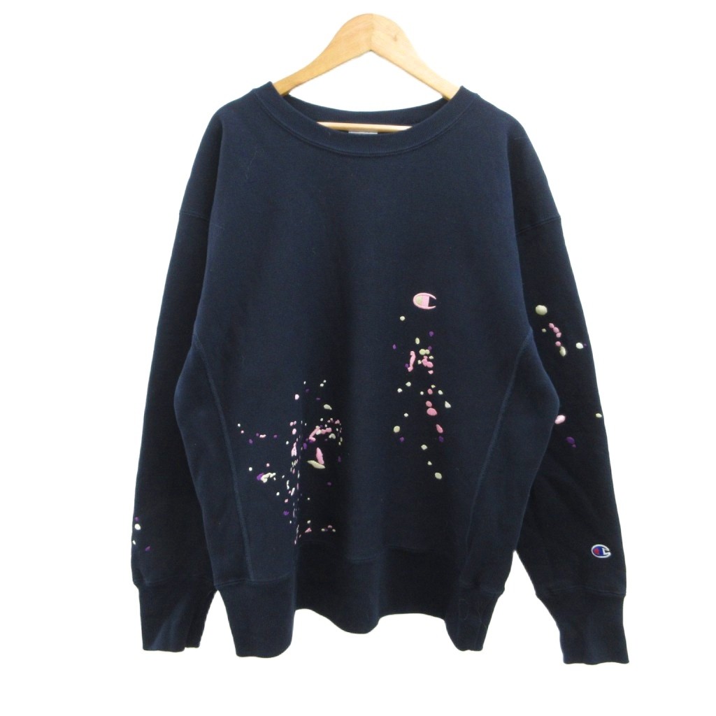 【中古】はやりっ児 CHAMPION ×ジャーナルスタンダードレリューム 別注 R/W 刺しゅうスプラッシュ 汗水 調教師 L 米国海軍 紺 労働者の一団のど首 長袖 裏起毛 /PP メンズ 【ベクター 古着】 260603
