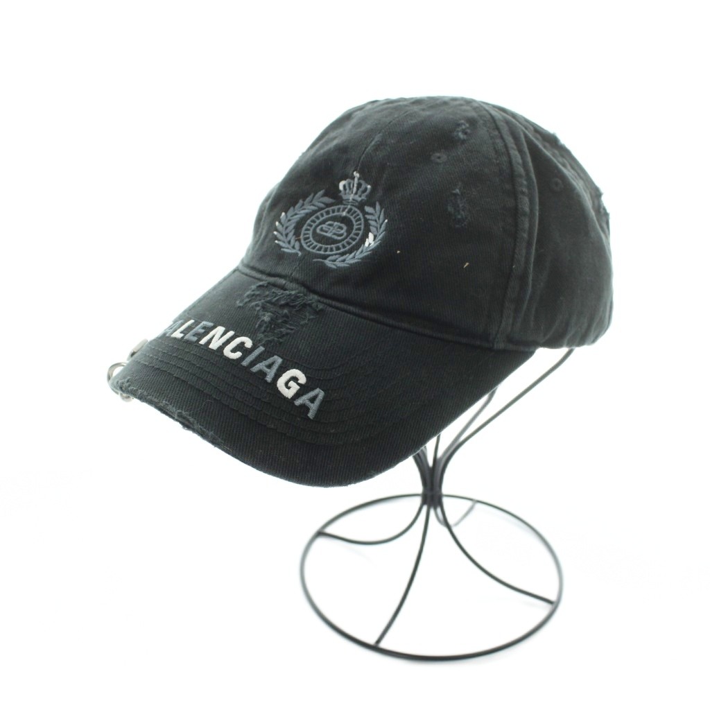 【中古】バレンシアガ BALENCIAGA Destroyed BB Pierced Cap 鳥打ち帽 かぶり笠 ロゴタイプ 帆布 不都合産業 L 59糎 黒 黒いこと ■GY18 /MQ ■OH メンズ 【ベクター 古着】 260531