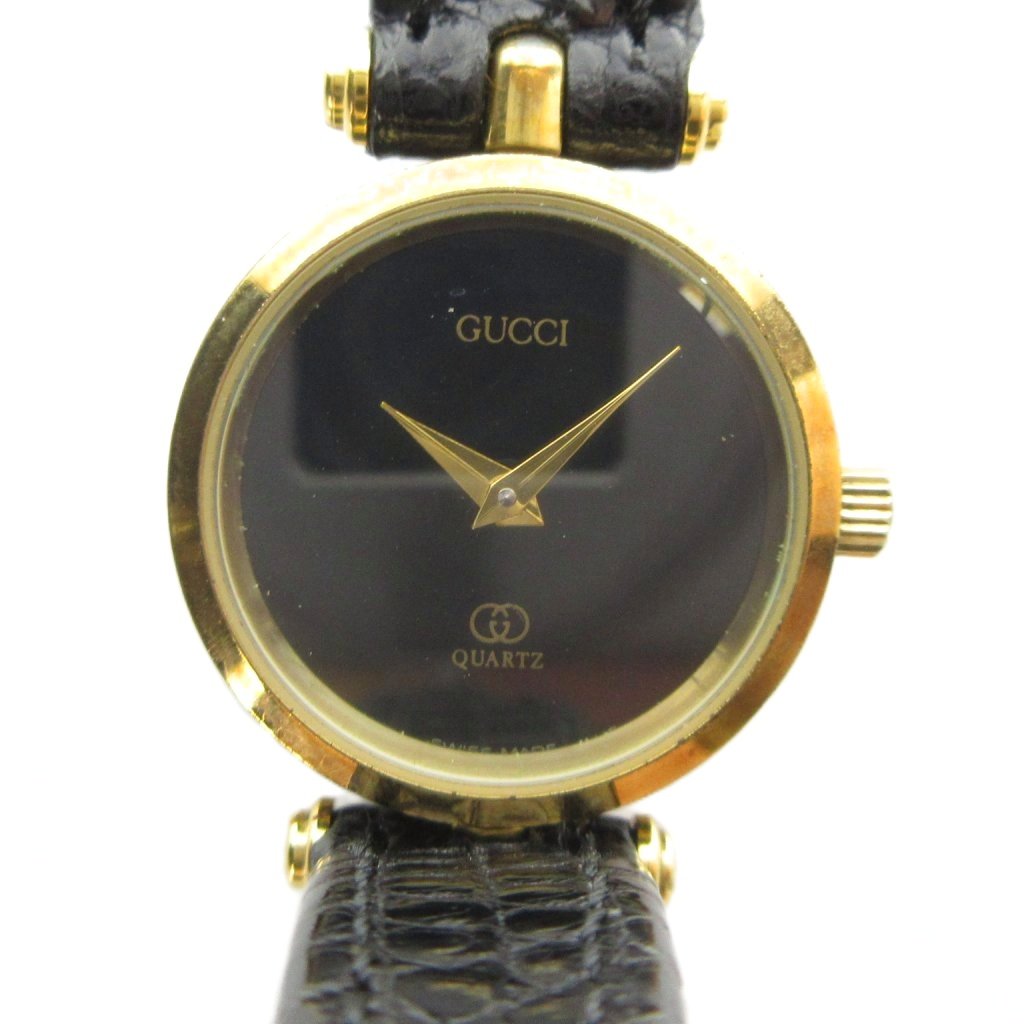 【中古】グッチ GUCCI 腕時計 ウォッチ クォーツ レザーベルト ロゴ 黒文字盤 ゴールド色 ■GY18 /MQ ■OH レディース 【ベクトル 古着】 260707｜ブランド古着ベクトルプレミアム店