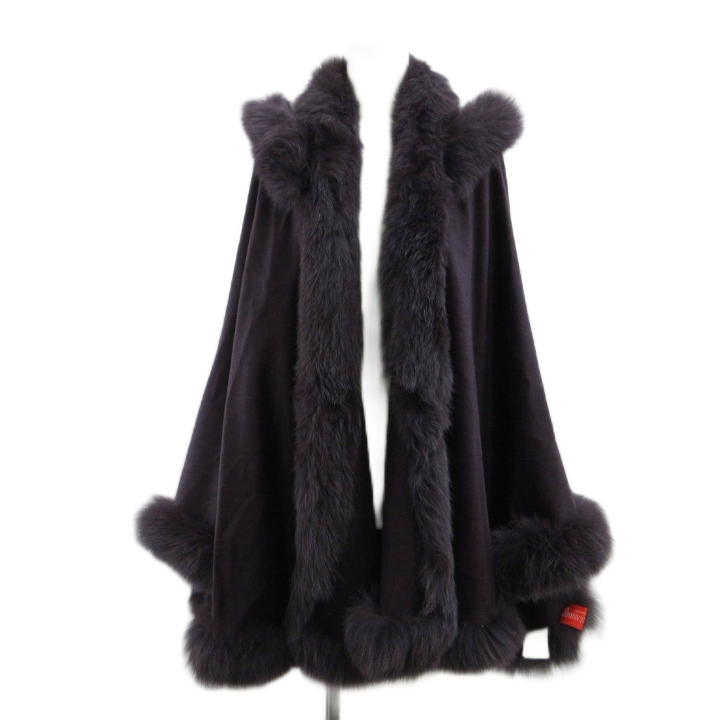 【中古】サガファー SAGA FURS ポンチョ ケープコート フォックスファー 毛皮 M-L 紫 パープル カシミア ■GY17 レディース 【ベクトル 古着】 260603｜ブランド古着ベクトルプレミアム店