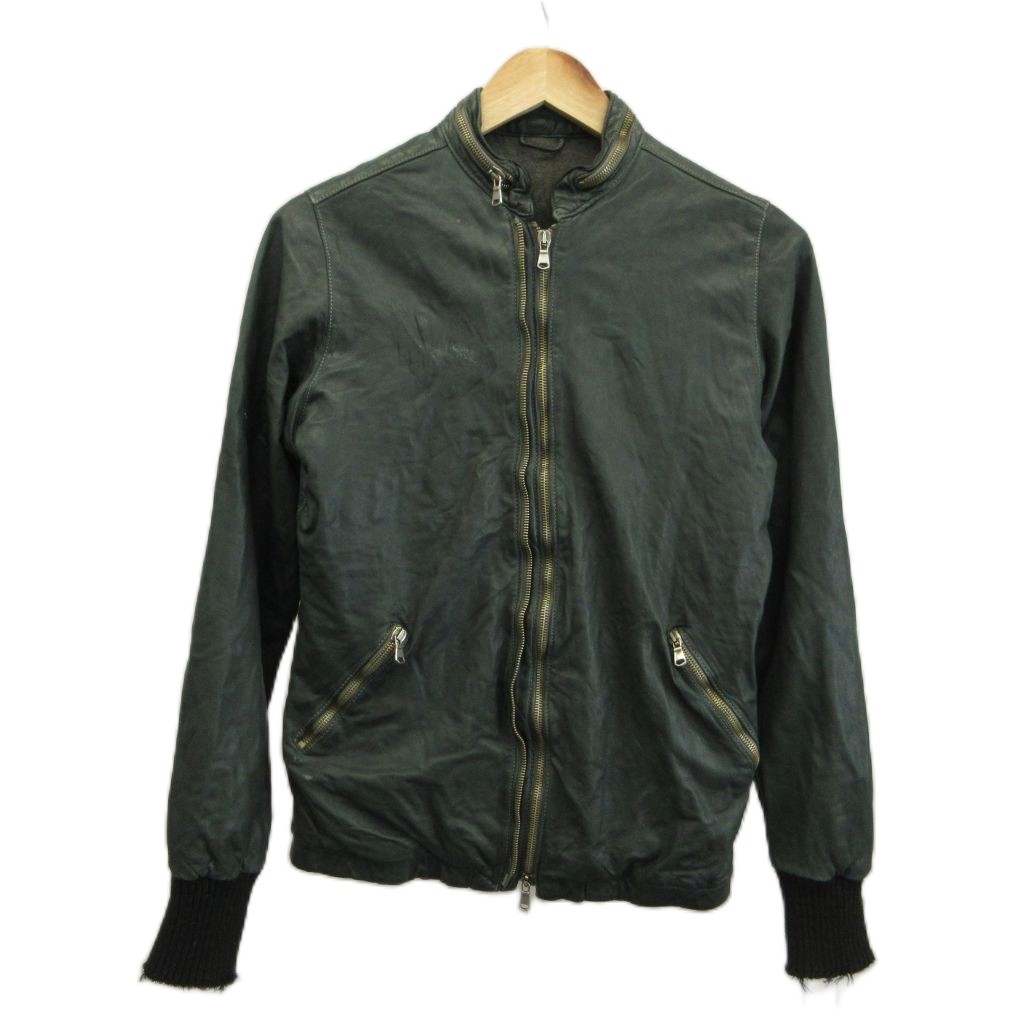 【中古】ジョルジオブラット GIORGIO BRATO シングルライダースジャケット 革ジャン 羊革 ラムレザー スタンドカラー ジップアップ 46 M 緑 グリーン /XZ ■GY50 メンズ 【ベクトル 古着】 260606|ブランド古着ベクトルプレミアム店