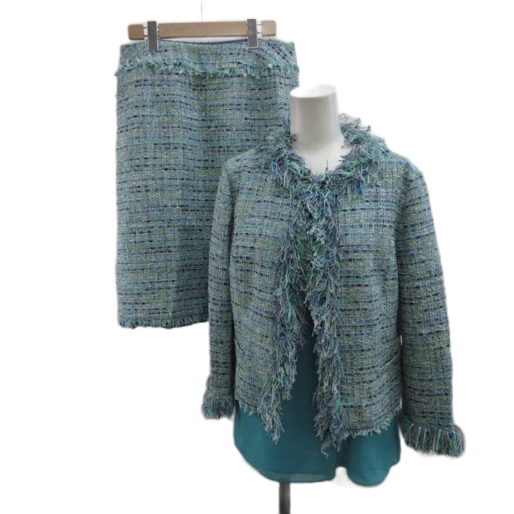 【中古】ランバン LANVIN COLLECTION セットアップ ツイード スーツ ジャケット スカート ノースリーブ 42 緑 グリーン フリンジ 長袖 ひざ丈 /PP ■GY50 レディース 【ベクトル 古着】 260605｜ブランド古着ベクトルプレミアム店