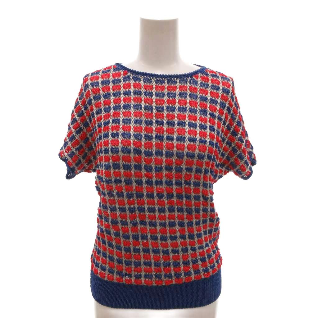 【中古】クリスチャンディオール Christian Dior ヴィンテージ ニット セーター 半袖 ラメ 透け感 カラフルチェック 青 ブルー 赤 レッド シルバーカラー /YF ■GY17 レディース 【ベクトル 古着】 260612｜ブランド古着ベクトルプレミアム店