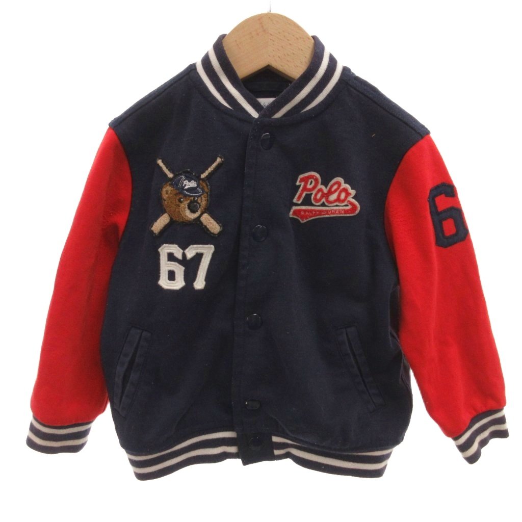 【中古】ラルフローレン RALPH LAUREN スタジャン ブルゾン 24M ポロベア ロゴ刺繍 切り替えデザイン ボタンアップ 紺 ネイビー 赤 レッド /YF ■GY05 キッズ 【ベクトル 古着】 260623|ブランド古着ベクトルプレミアム店
