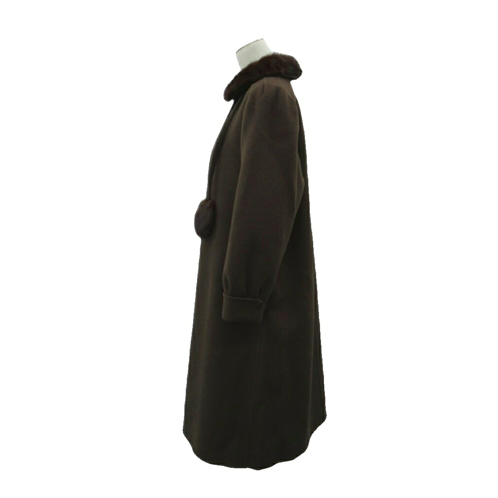 【中古】パリエンヌ PARIENNE ステンカラーコート ロング丈 7 茶 ブラウン ミンクファー襟 ポンポン付き /SM20 ■GY99 レディース 【ベクトル 古着】 260702|ブランド古着ベクトルプレミアム店