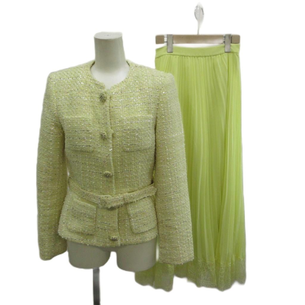 【中古】セルフポートレイト self-portrait YELLOW BOUCLE midi DRESS セットアップ 上下 否色つや上衣 ツィード 総裏地 肩パッド 胴締め付き添い人 筋目スコート ロング スピード競技 US2 S 黄味がかった 黄み /XZ ■GY19 レディース 【ベクター 古着】 260620