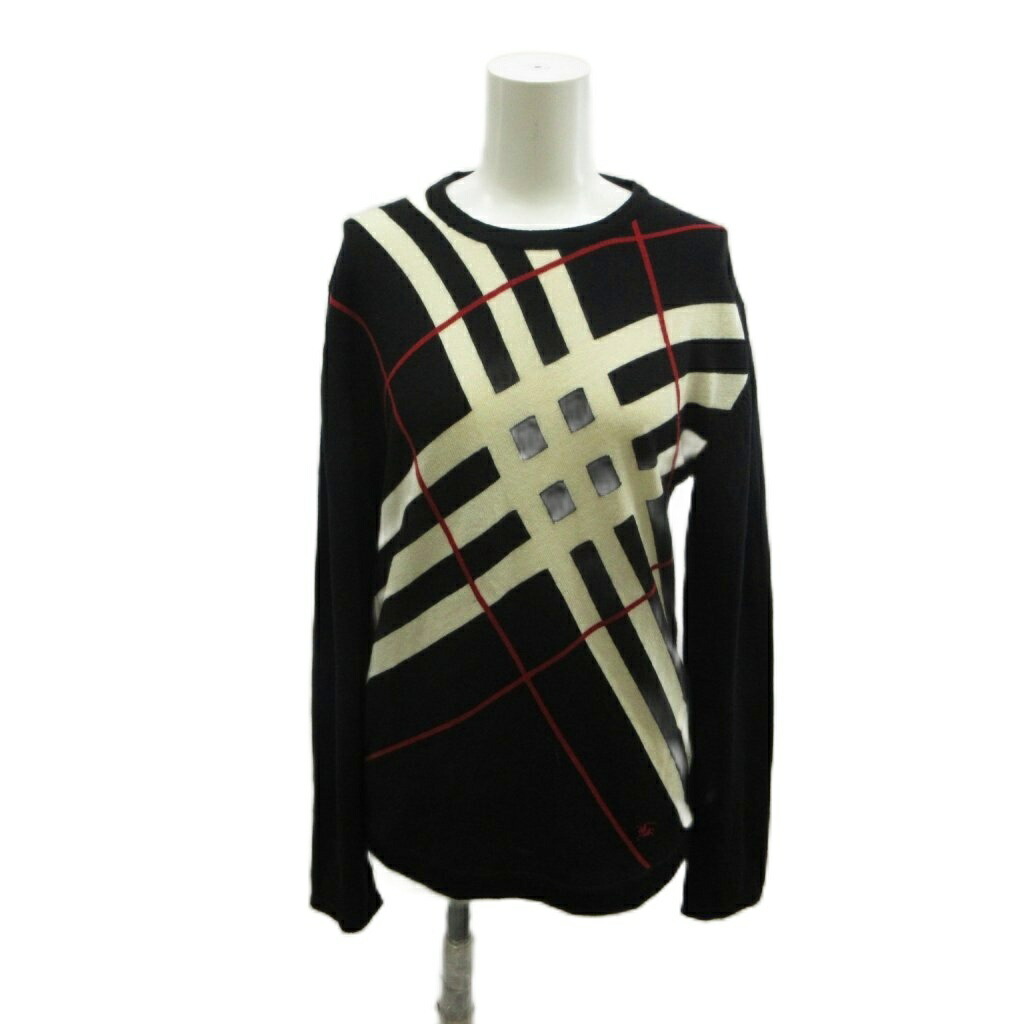 【中古】バーバリーブラックレーベル BURBERRY BLACK LABEL ニット セーター ウール 2 黒 ブラック マルチカラー チェック柄 ロゴ刺繍 長袖 BMT55-505-09 /PP ■GY20 レディース 【ベクトル 古着】 260624|ブランド古着ベクトルプレミアム店