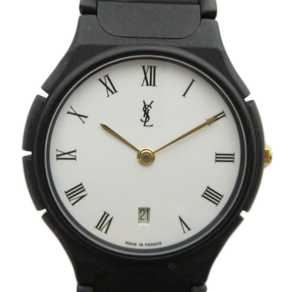 【中古】イヴサンローラン YVES SAINT LAURENT 65730 腕時計 ウォッチ クォーツ カレンダー付き 白文字盤 ベルト社外品 黒 ブラック ■GY11 /MQ ▲H レディース 【ベクトル 古着】 260702|ブランド古着ベクトルプレミアム店