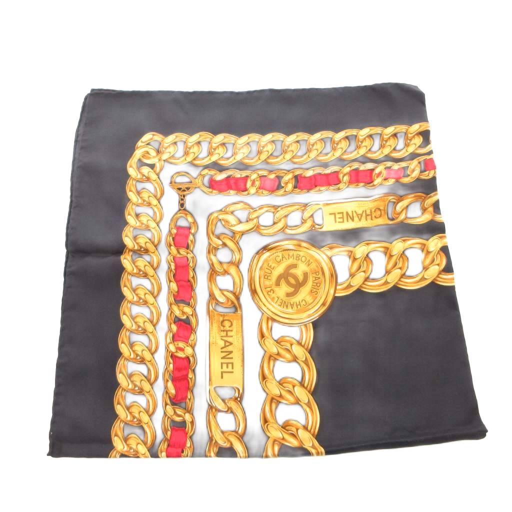 【中古】シャネル CHANEL スカーフ ココマーク チェーン 鎖 プリント 絹 シルク 黒 ブラック /FF ■GY18 レディース 【ベクトル 古着】 260707｜ブランド古着ベクトルプレミアム店