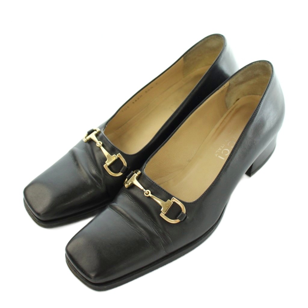 【中古】グッチ GUCCI パンプス スクエアトゥ チャンキーヒール ビット金具 レザー 36.5 23.5cm 黒 ブラック 441 101 1420 /MI ■GY50 レディース 【ベクトル 古着】 260706|ブランド古着ベクトルプレミアム店