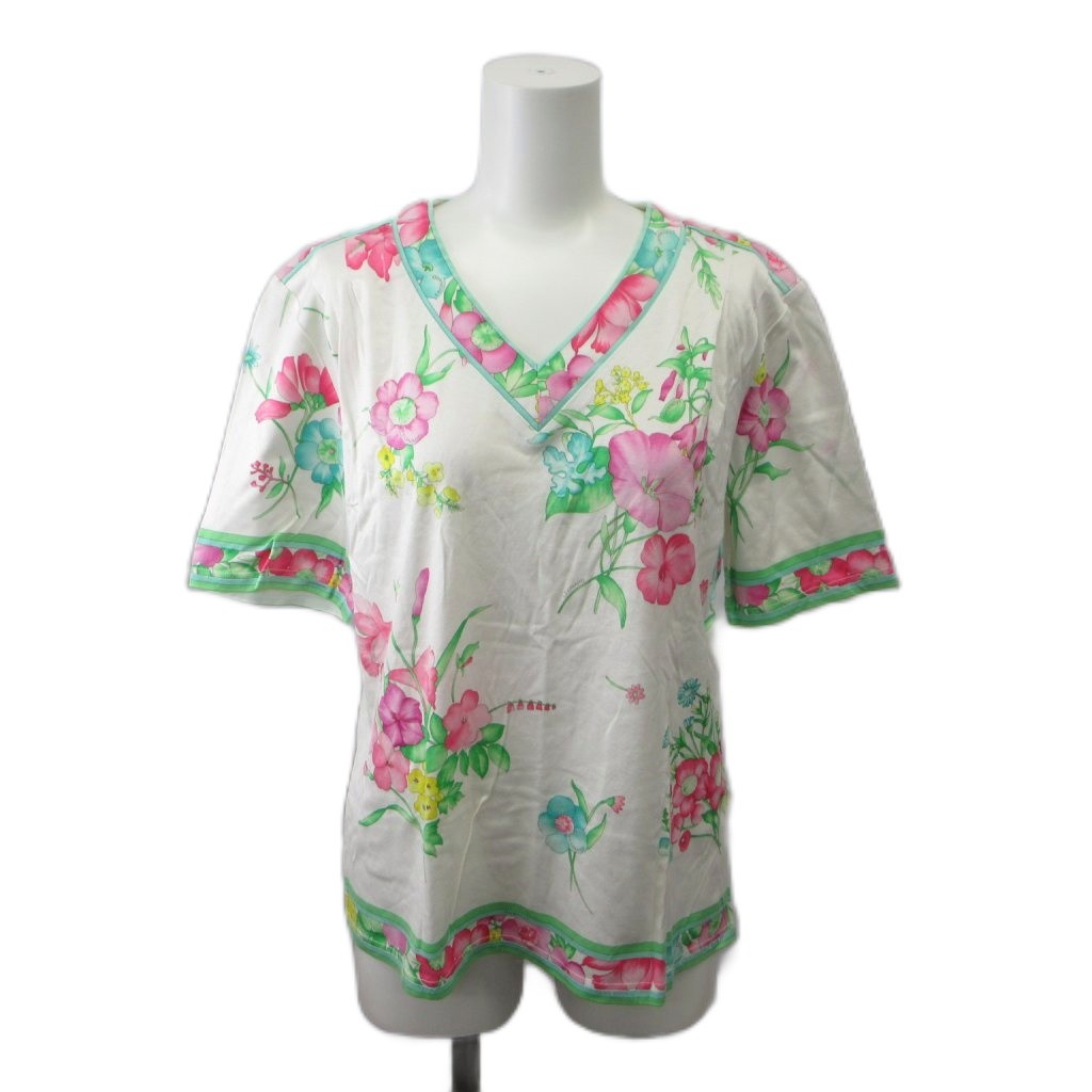 【中古】レオナール LEONARD カットソー L 白 ホワイト マルチカラー 総柄 花柄 Vネック 半袖 Tシャツ /PP ■GY44 【ベクトル 古着】 260709｜ブランド古着ベクトルプレミアム店