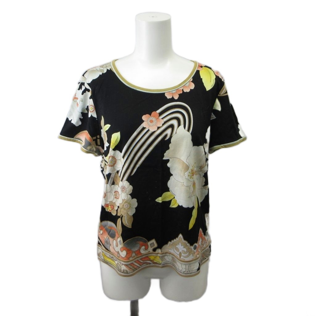 【中古】レオナール LEONARD カットソー LL 黒 ブラック ベージュ マルチカラー 花柄 クルーネック 半袖 Tシャツ /PP ■GY44 【ベクトル 古着】 260709|ブランド古着ベクトルプレミアム店