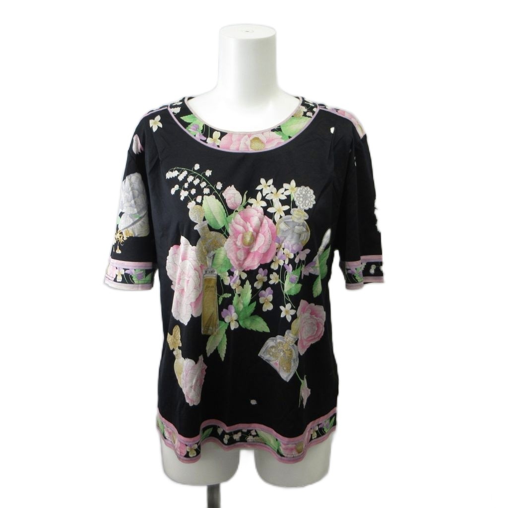 【中古】レオナール LEONARD カットソー L 黒 ブラック マルチカラー 花柄 クルーネック 半袖 Tシャツ /PP ■GY レディース 【ベクトル 古着】 260709｜ブランド古着ベクトルプレミアム店
