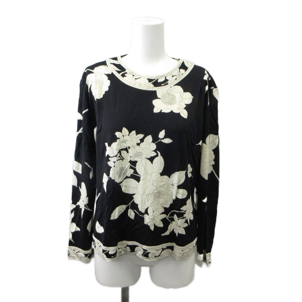 【中古】レオナール LEONARD カットソー 絹 シルク L 黒 ブラック 白 ホワイト 花柄 クルーネック 長袖 Tシャツ /PP レディース 【ベクトル 古着】 260709|ブランド古着ベクトルプレミアム店