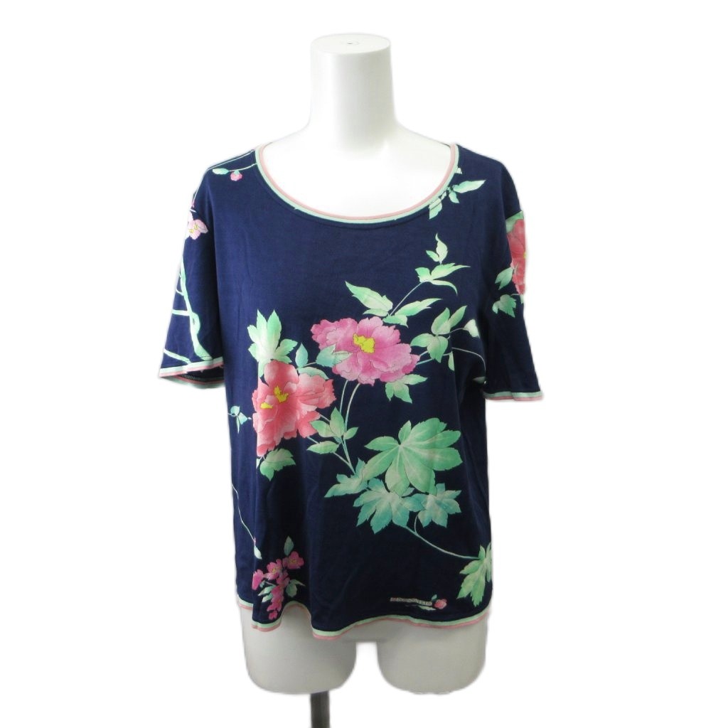 【中古】レオナール LEONARD カットソー L ネイビー 紺 マルチカラー 花柄 クルーネック 半袖 Tシャツ /PP ■GY44 レディース 【ベクトル 古着】 260709|ブランド古着ベクトルプレミアム店