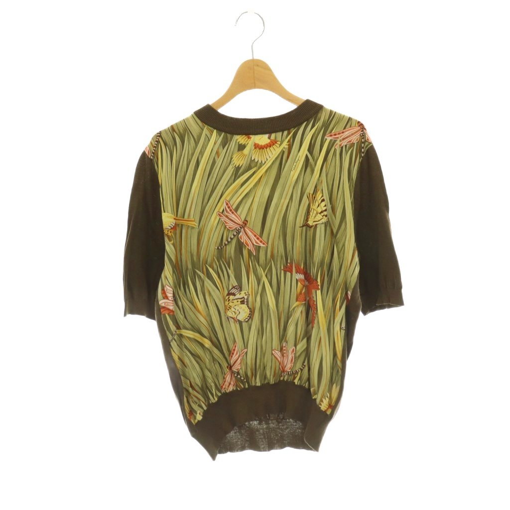 【中古】サルヴァトーレフェラガモ Salvatore Ferragamo ニット カットソー 半袖 切替 シルク 鳥 蝶 トンボ柄 M カーキ /HS ■GY18 レディース 【ベクトル 古着】 260714|ブランド古着ベクトルプレミアム店